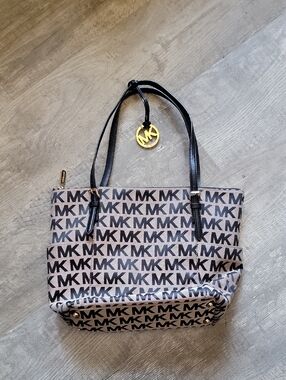 Michael Kors Beige and Black MK Logo Tote with Gold Charm